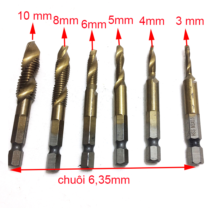 Bộ 6 mũi khoan taro HSS phủ titan chân 6,35mm