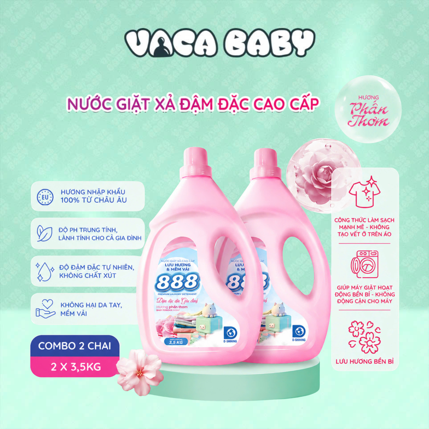 Combo 2 Chai Nước Giặt Xả 888 Hương Phấn Thơm Cao Cấp 3.5kg/chai
