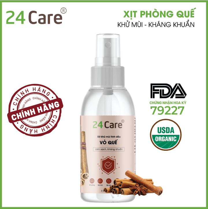 Xịt Phòng Tinh Dầu Quế Hữu Cơ Organic 24Care 50ML/100ML - Kháng khuẩn - Khử mùi hôi - Đuổi muỗi - côn trùng - Giúp định tâm khi đi xa, ngủ khách sạn, giảm cảm giác bất an - Hương thơm thư giãn