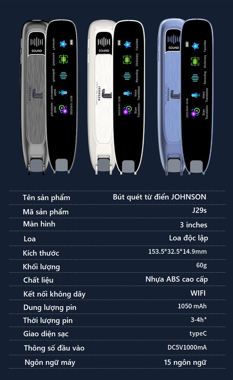 Bút Quét Dịch và Tra Từ Điển JOHNSON thông Minh hỗ trợ 160 Ngôn Ngữ Trên Thế Giới nhỏ gọn thuận tiện cầm tay có màn hình cảm ứng 3 inch, hỗ trợ kết nối WIFI và khe cắm thẻ nhớ - Hàng nhập khẩu