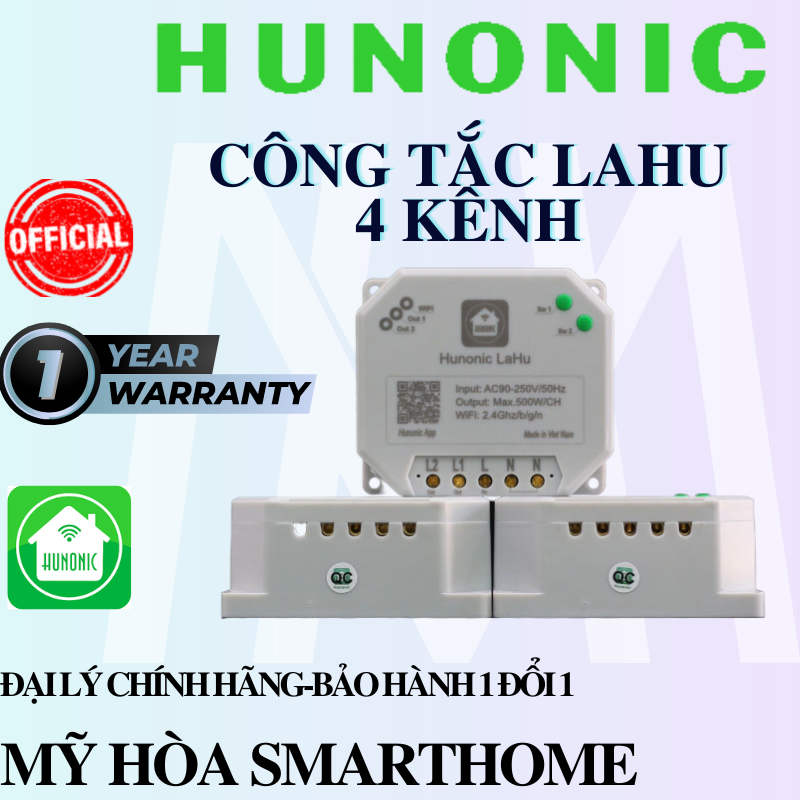 Công Tắc Điều Khiển Từ Xa Qua Điện Thoại Hunonic Lahu 4 kênh│Công tắc thông minh kết nối Wifi│ Hàng Việt