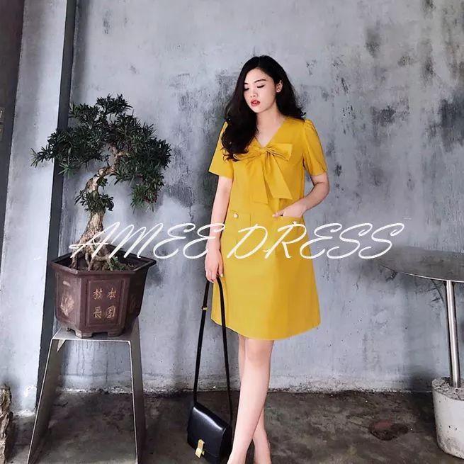 Váy bầu công sở dáng xuông nơ cổ xinh sắn