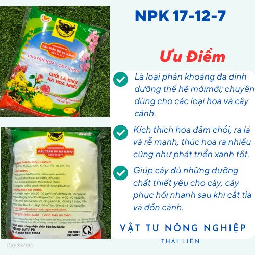 Phân bón Đầu Trâu đa năng NPK 17-12-7 chuyên hoa cây cảnh chồi lá khỏe ra hoa nhiều 1kg