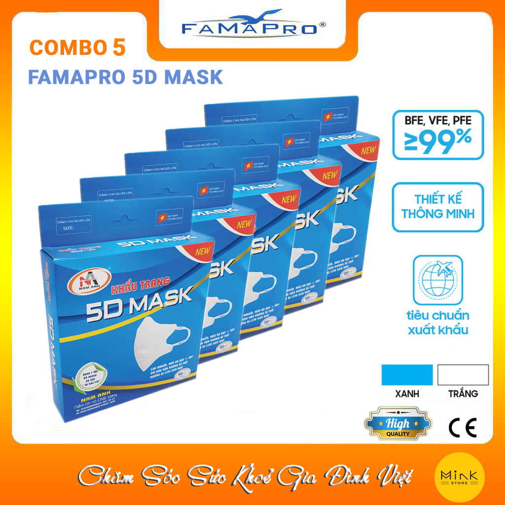 [HỘP - FAMAPRO 5D MASK] - Khẩu trang y tế kháng khuẩn 3 lớp Famapro 5D Mask (10 cái/ hộp) - COMBO 5 HỘP