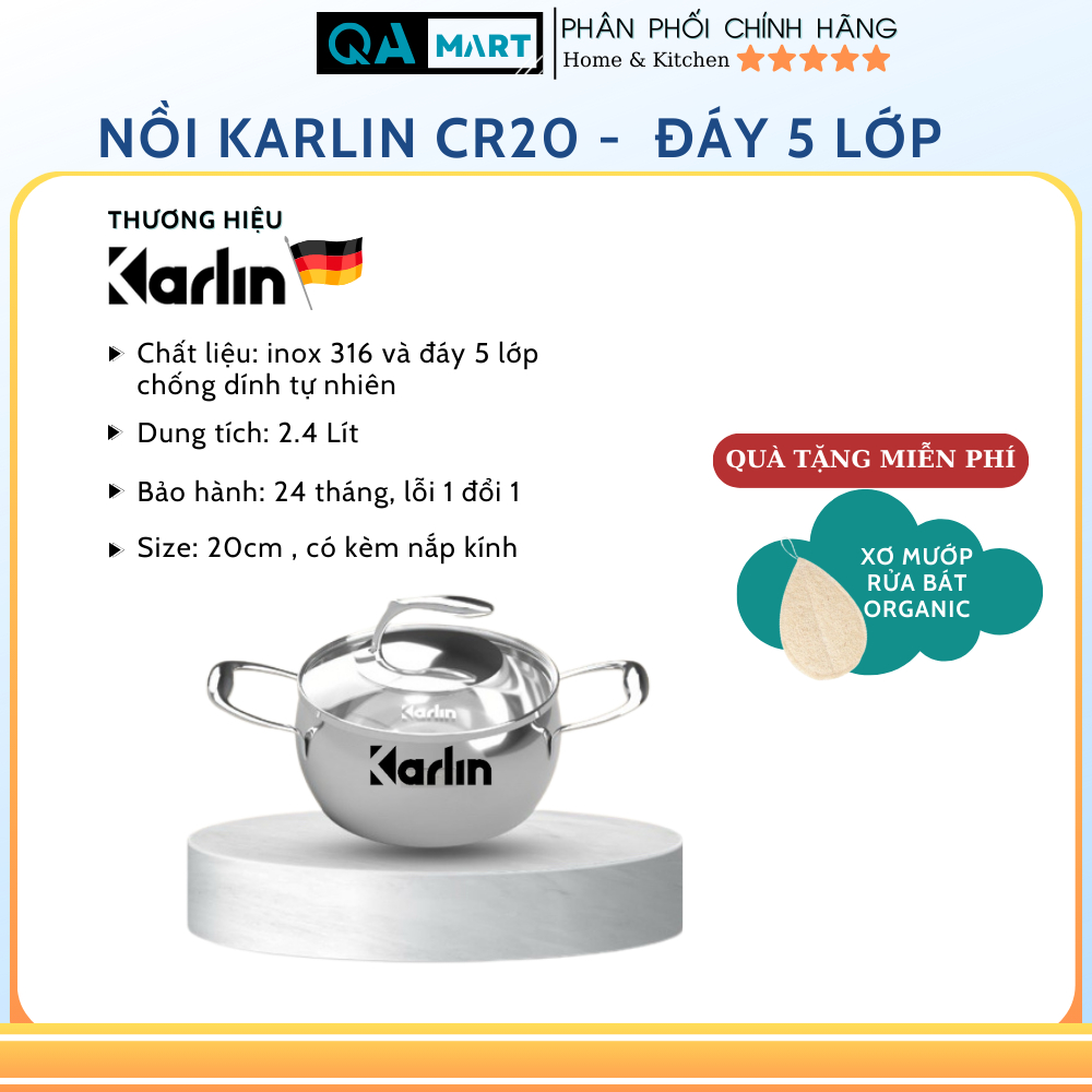 Bộ nồi karlin CR20_22_24 đáy dày 5 lớp tặng kèm xửng hấp cao cấp - Hàng chính hãng, bảo hành 24 tháng | QA Mart
