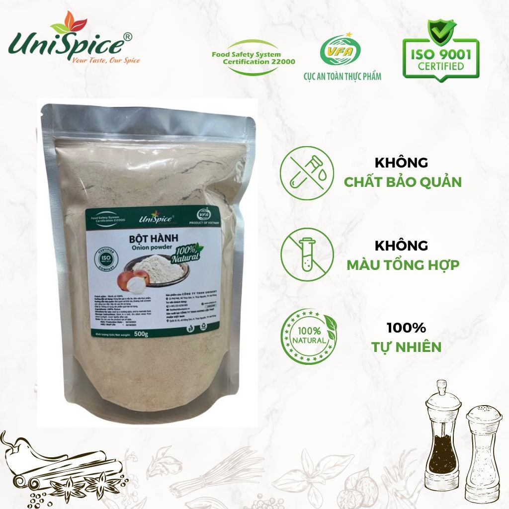 Bột hành UniSpice Túi- Gia vị tự nhiên. Bột hành ta siêu mịn nguyên chất 100% dùng tẩm ướp, làm giò chả, lạp xưởng