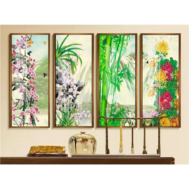 Tranh treo tường Tứ quý 3D/gỗ MDF Hàn Quốc chống ẩm mốc, mối mọt