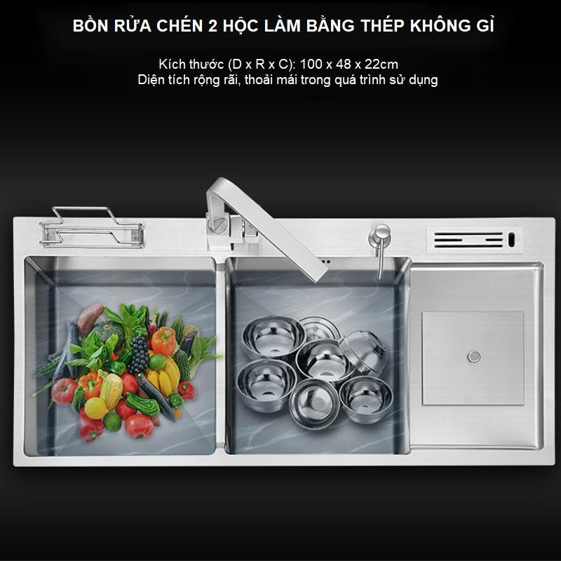 Chậu rửa chén 2 ngăn, màu trắng mờ bằng inox sus 304 kèm kệ dao thớt và hố đựng rác