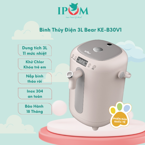 Bình Thuỷ Điện Bear Đun Nước Nóng Siêu Tốc, Tự Động Giữ Ấm 55 Độ, Khử Clo An Toàn Cho Sức Khoẻ - KE-B30V1 - Hàng Chính Hãng Bảo hành 18 Tháng