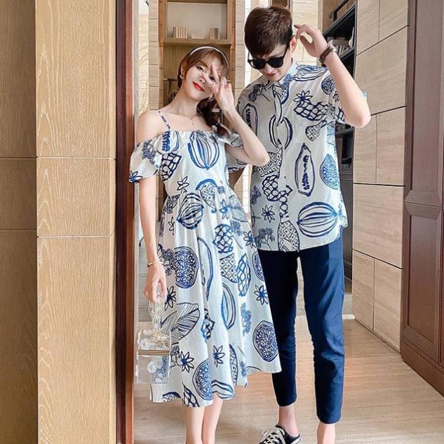 Áo đôi: Đầm vải lệch vai họa tiết + Somi nam phối hợp