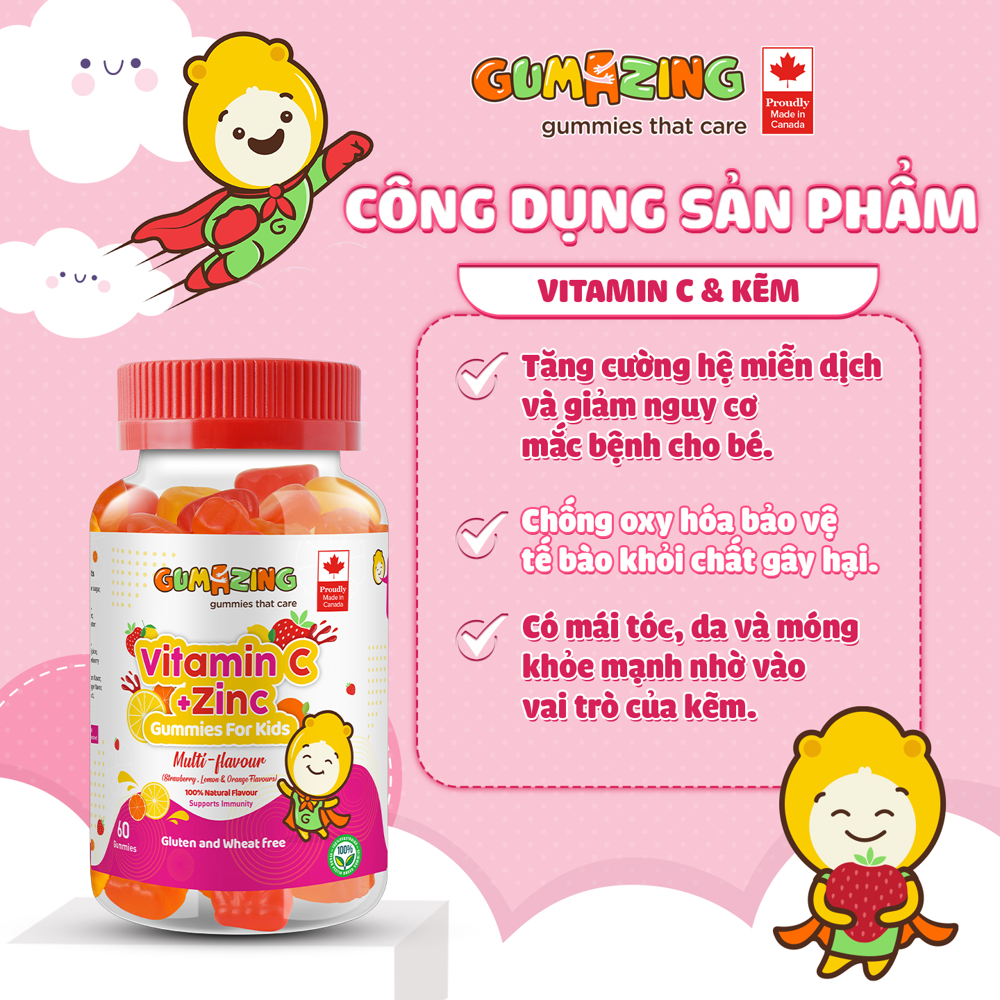Kẹo dẻo dinh dưỡng Gumazing Gummy Vitamin C & Kẽm hương trái cây cho bé, thuần chay và không đường, tăng cường hệ miễn dịch - 60 viên/hủ