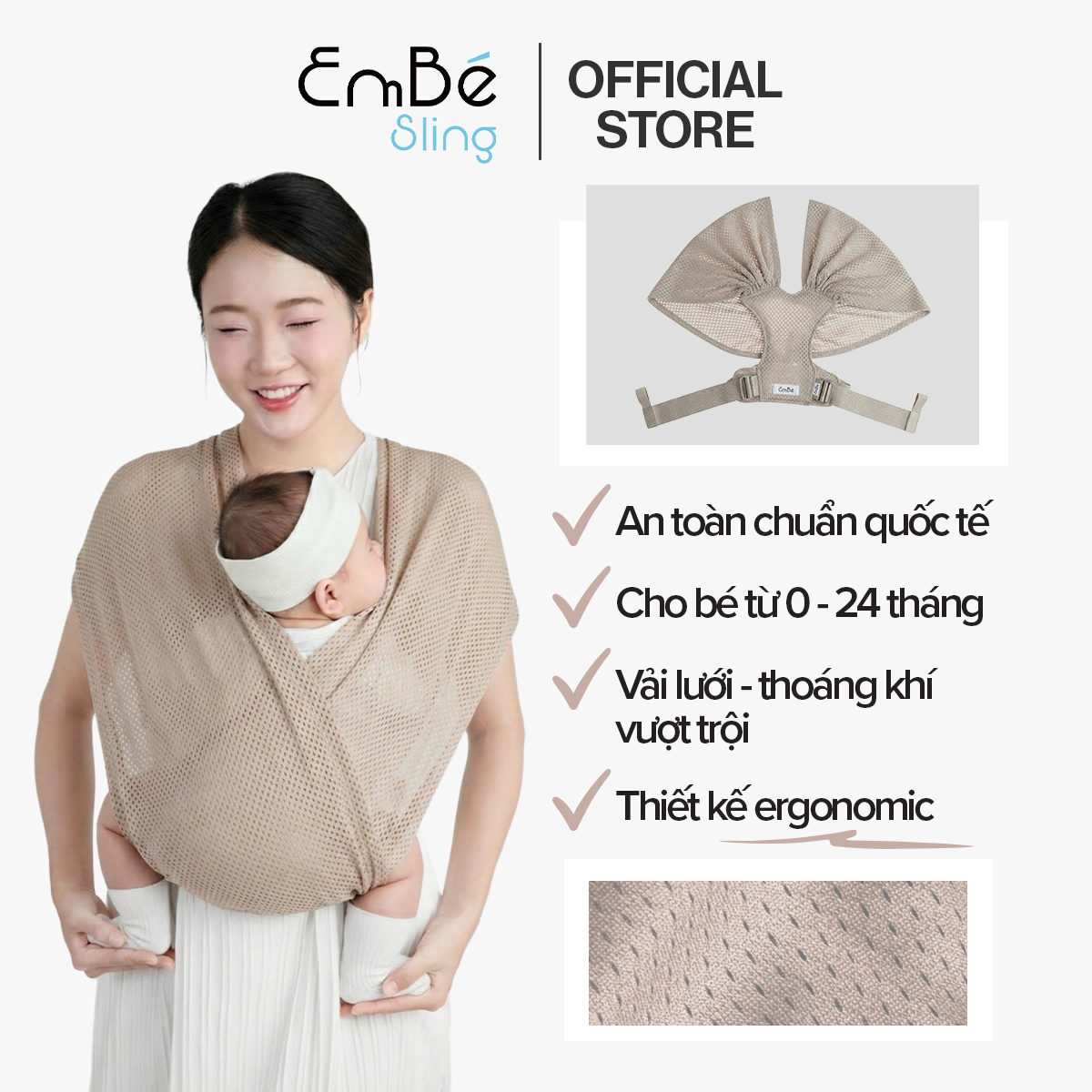 [Vải Lưới - Mocha] Địu Vải Lưới EmBé Sling WindMesh Thoáng Khí An Toàn Cho Bé Sơ Sinh 0 - 24 Tháng
