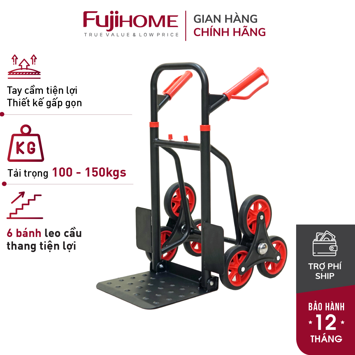 Xe kéo đẩy hàng leo cầu thang 6 bánh rút gọn FUJIHOME CC-6150 (leo cầu thang &lt;100kg, đi đường bằng &lt;150kg)