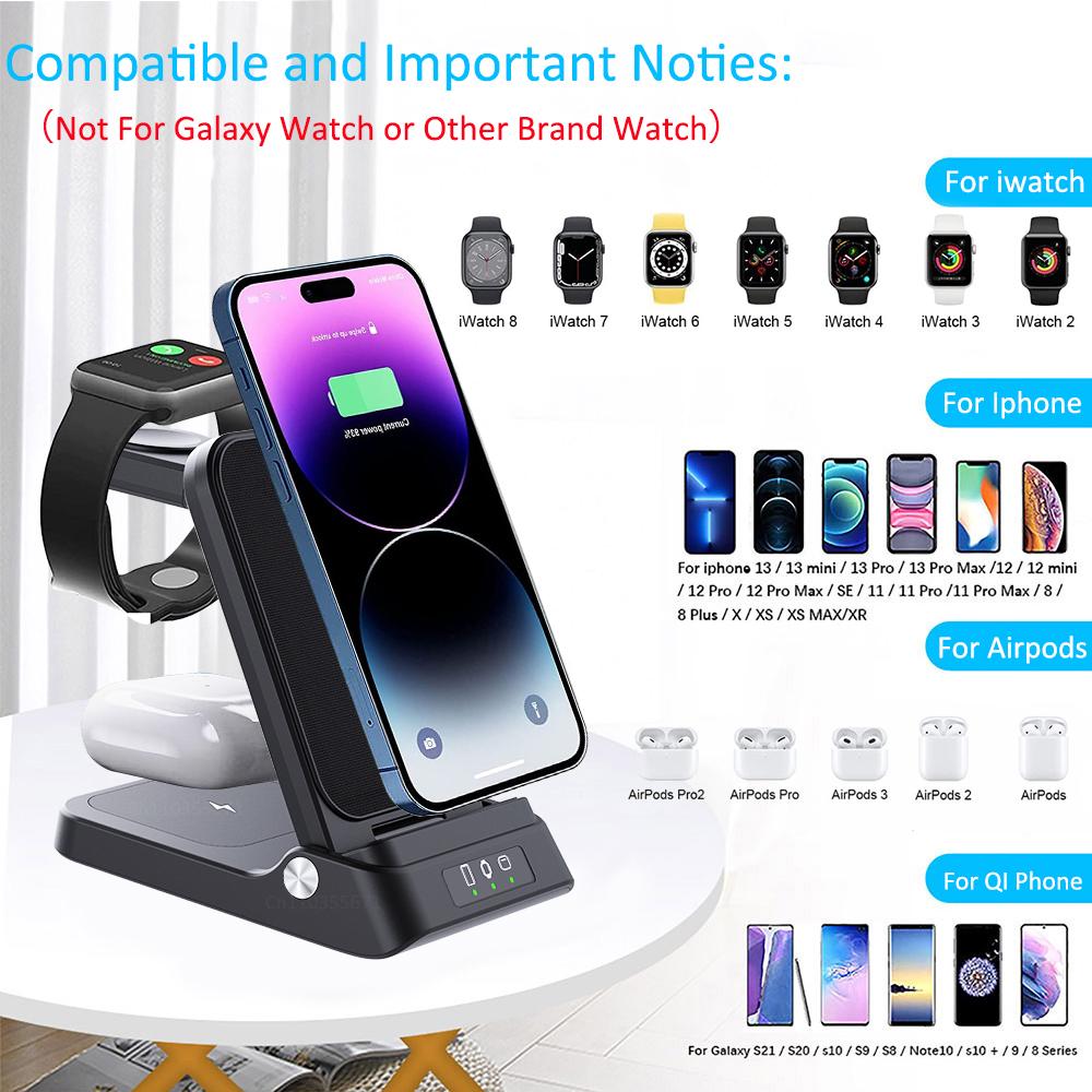 Bộ sạc không dây 3 trong 1 cho iPhone 14 13 12 Pro Max 15W Trạm sạc nhanh cho Apple Watch Series 8 7 Bộ sạc có thể gập lại