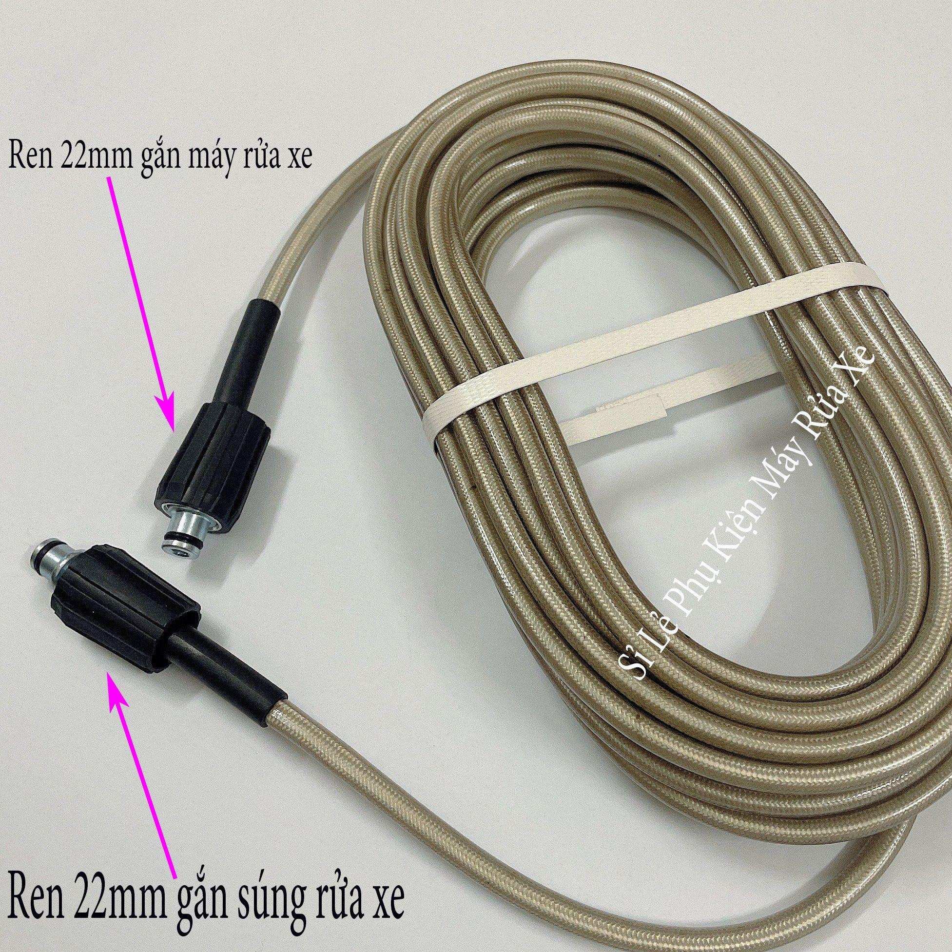 15m Dây Rửa Xe Áp Lực Cao 3 Lớp Lõi cao cấp cho máy rửa xe cao áp, máy xịt rửa, máy rửa xe gia đình Ren 22mm