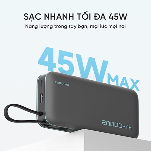 Sạc dự phòng Cuktech Power Bank Built-in USB-C Cable 1Type-C 55W 20000mAh CP25 PB200N - Hàng chính hãng