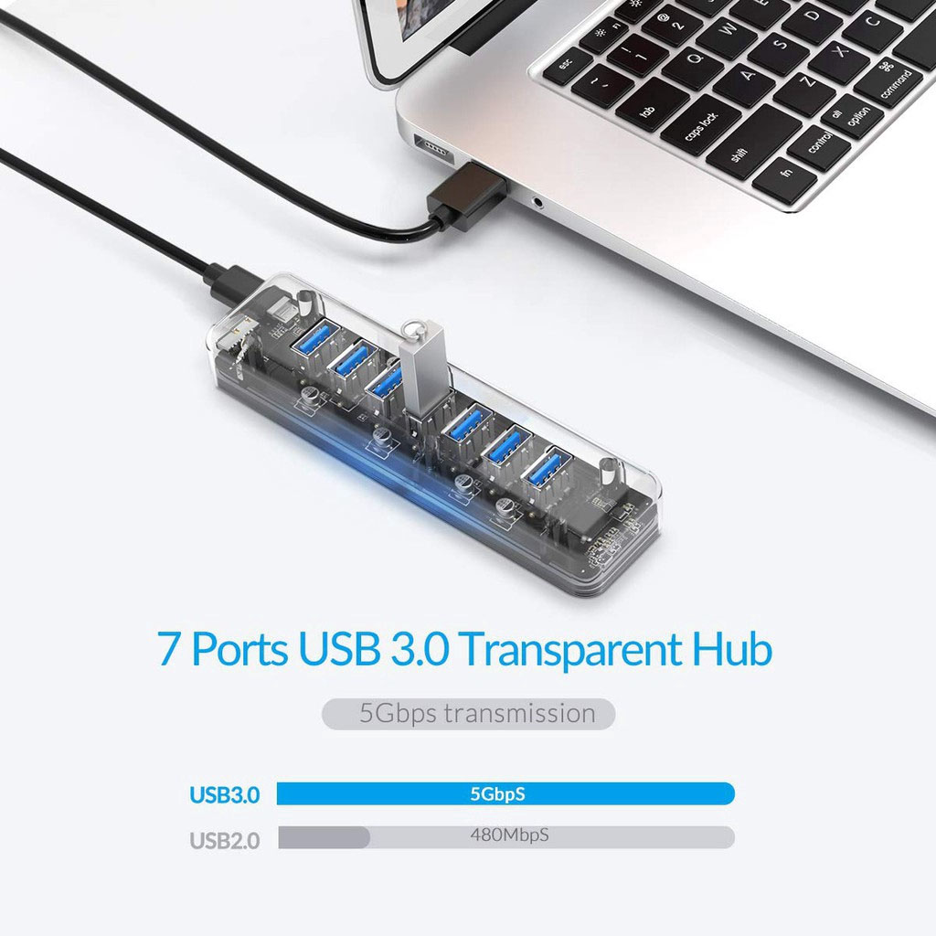 Hub USB F7U-U3 7 Cổng Trong Suốt Tốc Độ Cao 5Gbps Bộ Chia USB3.0 Dành Cho Macbook Air Laptop Máy Tính Bảng