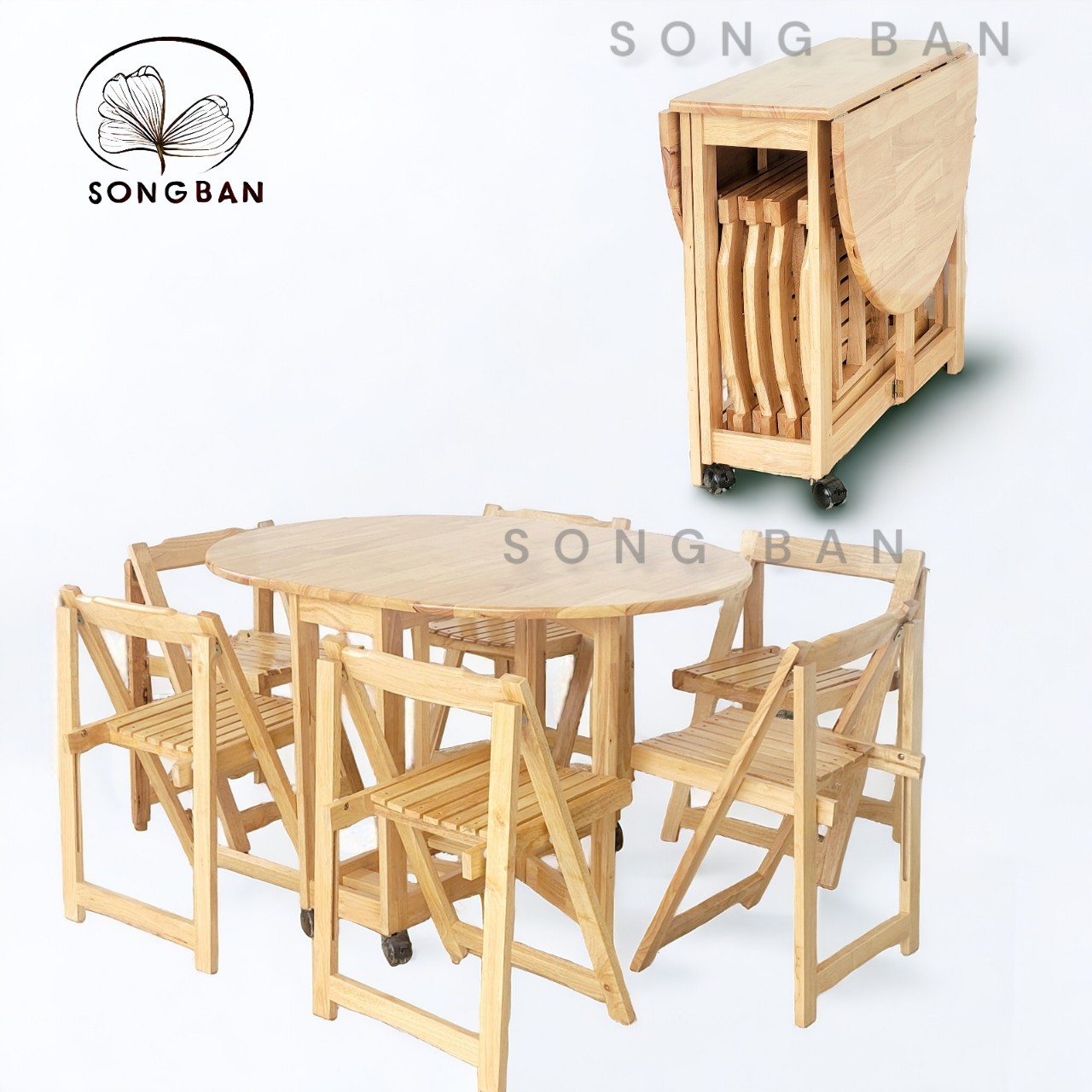 Bộ Bàn Ăn Gỗ Cao Su Xếp Chữ Nhật, Ovan 90x1m2 và 04 Ghế Gỗ Xếp Dày Dặn - Gỗ Song Bản
