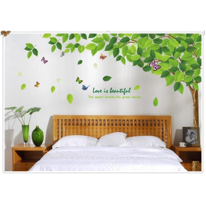 Decal trang trí Cây Lá Xanh Hoa Bướm kèm chữ A.H