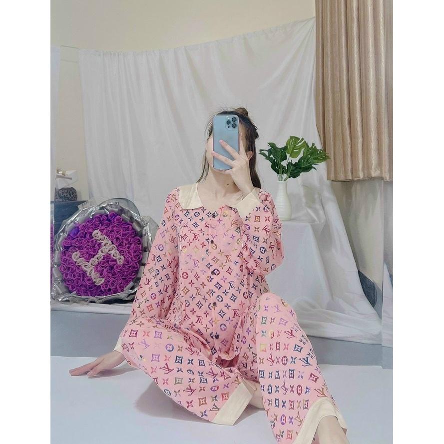 Bộ Đồ Bầu Ngủ Bộ Pijama Bầu Lụa Gấm Có Cổ, Bộ Bầu Và Sau Sinh Kết Hợp Áo Ngực Cho Con Bú Dài Tay