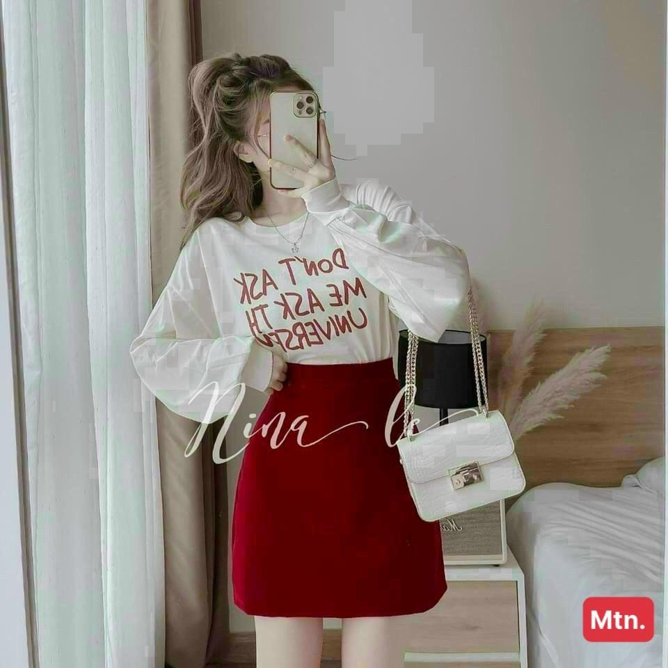 Sét áo thun in chữ phom rộng kèm chân váy