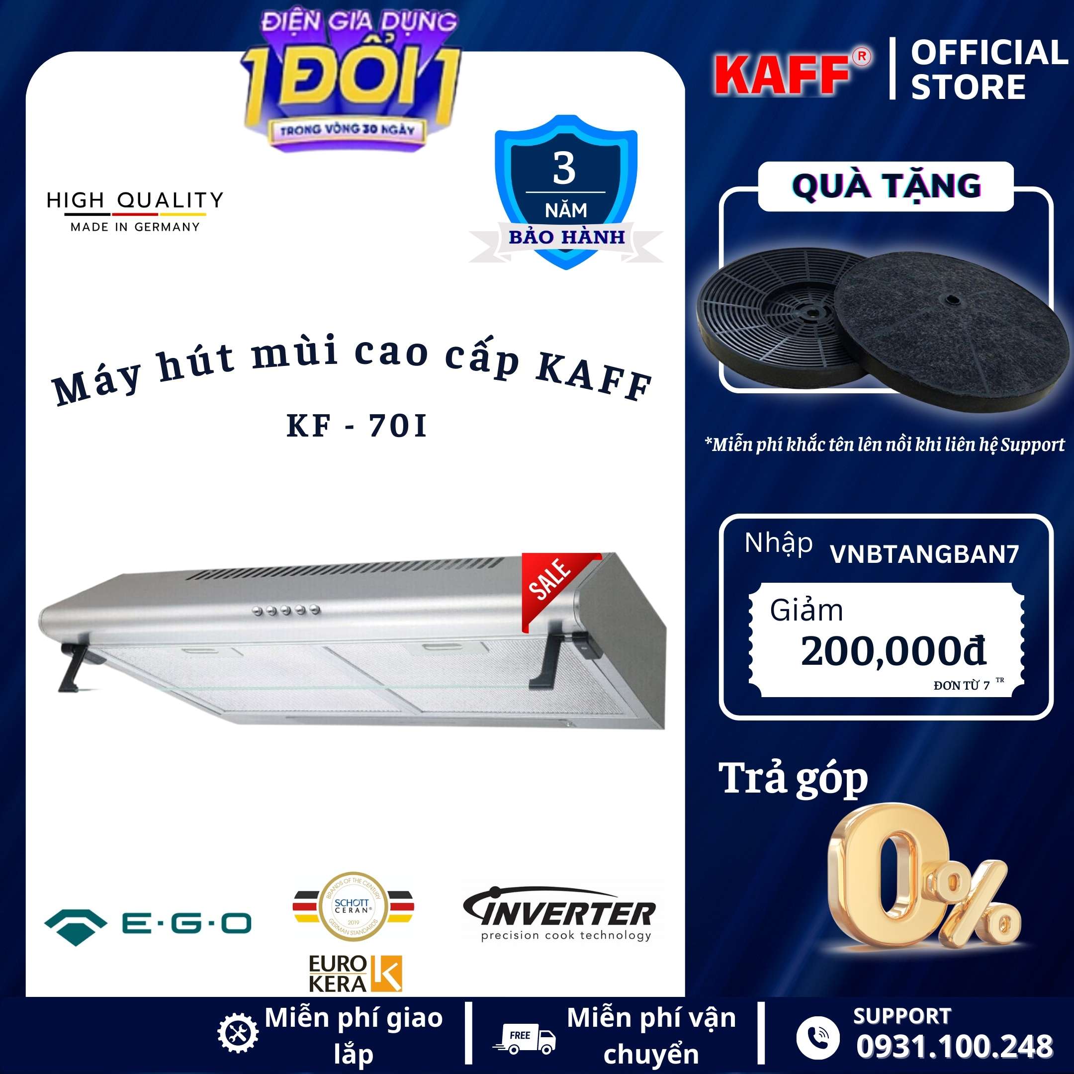 Máy hút mùi cổ điển màu bạc 700mm KAFF KF_70I Tặng bộ lọc than thay thế _ Hàng Chính Hãng