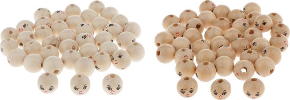 Set 40 Hạt Gỗ Tròn In Mặt Búp Bê Dùng Làm Trang Sức Độc Đáo