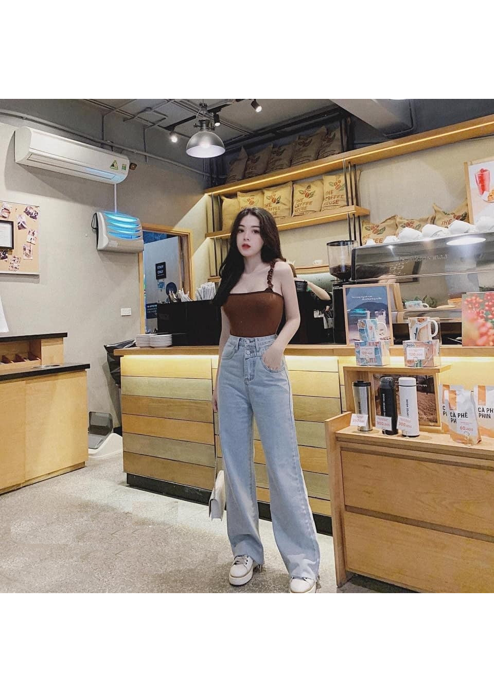 Quần Baggy Jean Dài Cạp Cao Ống Rộng