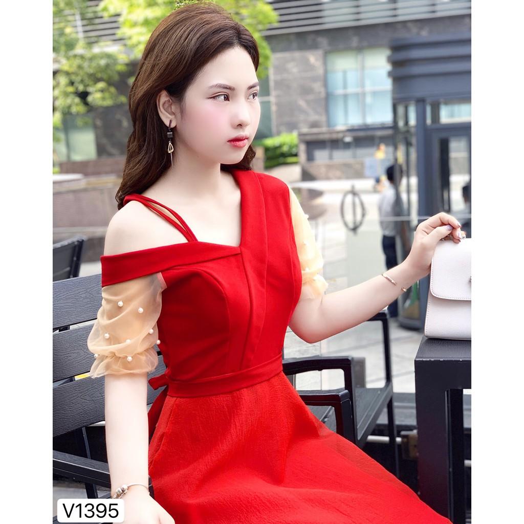 Váy đỏ tay voan lệch vai V1395- ĐẸP SHOP DVC