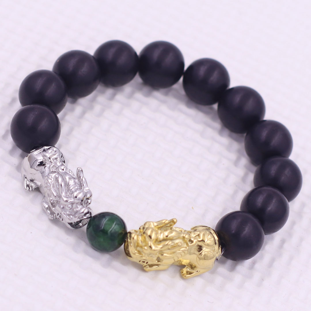 Vòng chuỗi đeo tay gỗ mun 12 ly charm tỳ hưu đôi inox trắng và vàng, vòng chuỗi phong thủy, charm tỳ hưu, vòng tay hạt chuỗi