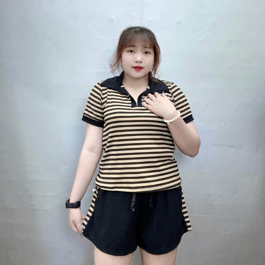 Áo thun polo cổ trụ bigsize nữ kèm quần đùi thun phối sọc co giãn chất gân tăm, Set bộ bigsize Cô Nhỏ - STRU22 - Màu Tím