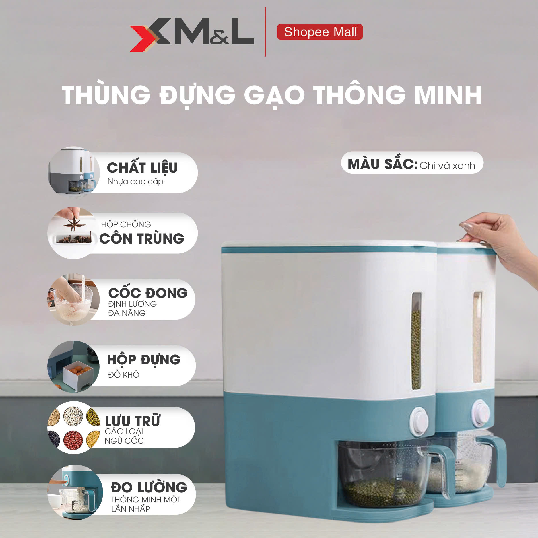 Hộp đựng gạo 12kg, thùng đựng ngũ cốc lớn có nắp đậy,  thùng đựng ngũ cốc gia dụng cho nhà bếp, nhiều loại ngũ cốc