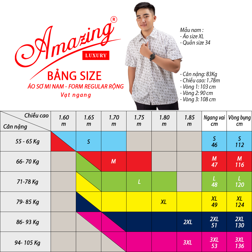 Áo sơ mi nam big size form rộng, ngắn tay, hoa văn hoạ tiết cho trung niên, vải sô mát, hiệu Amazing