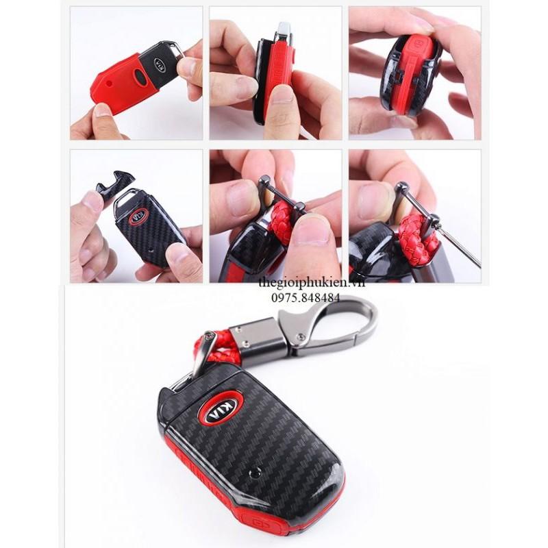Ốp chìa khóa carbon bọc, bảo vệ chìa khóa xe Kia Cerato 2019 kèm móc đeo INOX