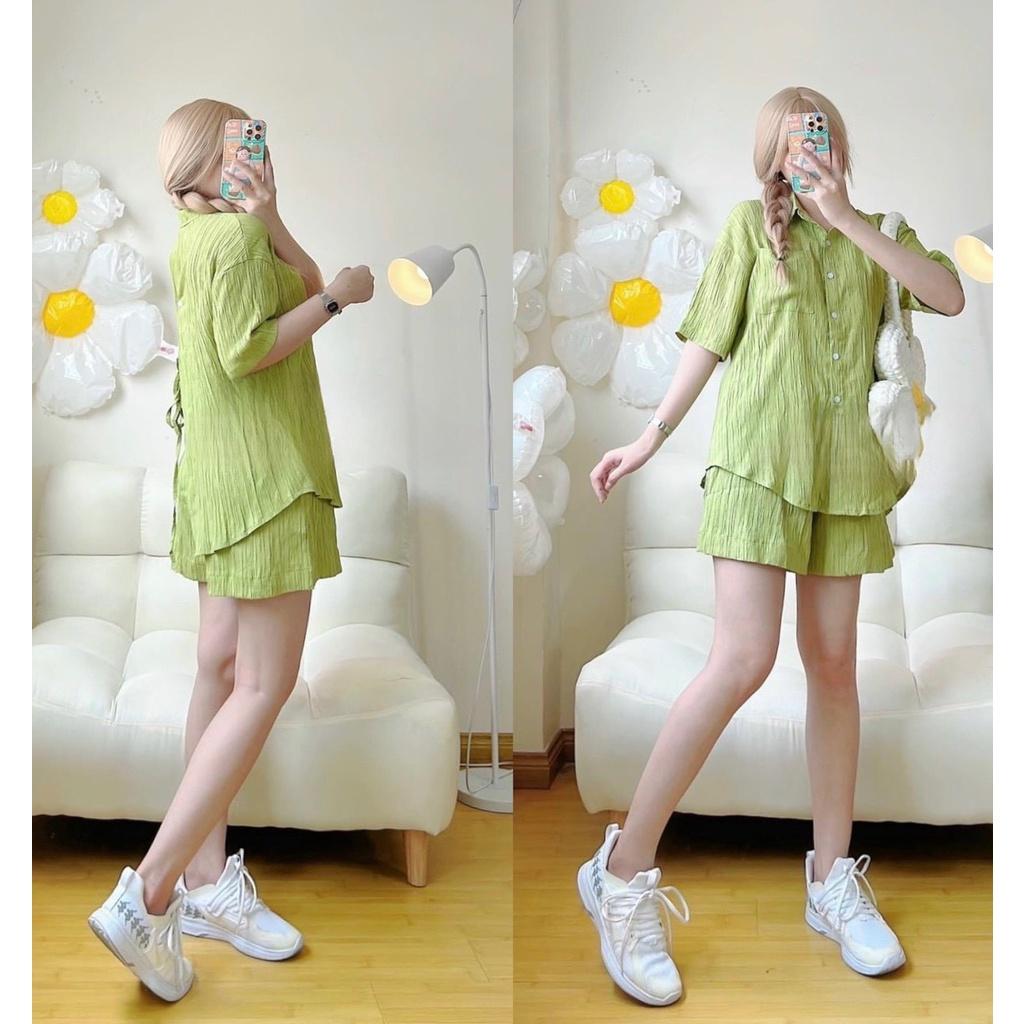 Bộ Áo Sơ Mi Cộc Tay Dây Buộc Lưng Quần Short Dáng Thụng Vải Đũi Gân