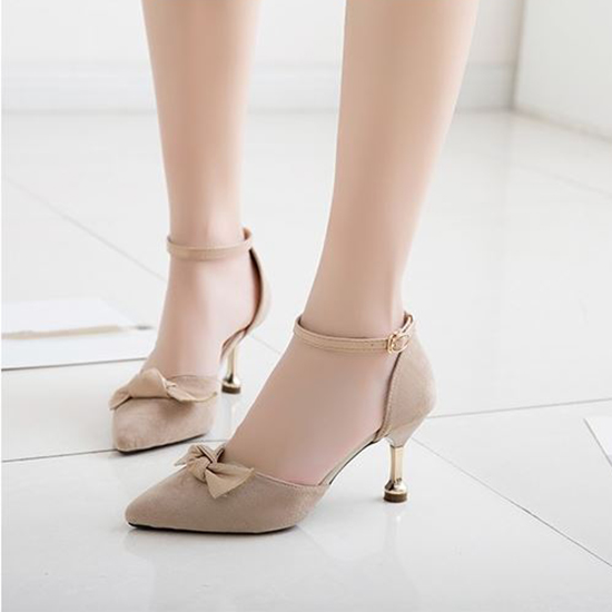 Giày cao gót nữ đẹp da lộn 7 phân đế ngọn bít đầu phối nơ