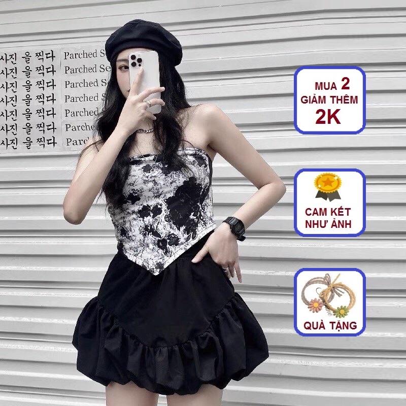 Áo 2 Dây Yếm Nữ Croptop Loang Hai Màu Đen Trắng Chất Len Tăm - BR23 - Black Rose