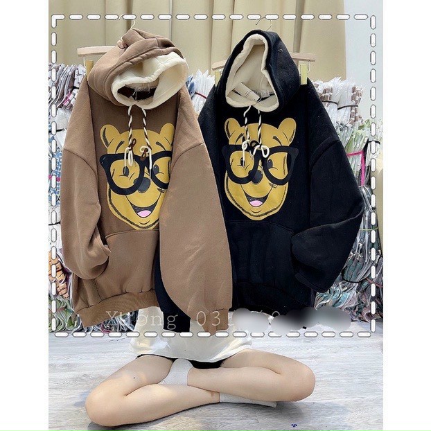 Hình ảnh Áo Hodies Nỉ 2 lớp Mũ, Áo hoodie logo in gấu đeo kính form dưới 70kg, áo khoác hoodie nam nữ nón to rộng 2 lớp unisex ulzzang phong cách đường phố cá tính chống nắng tốt tránh mưa