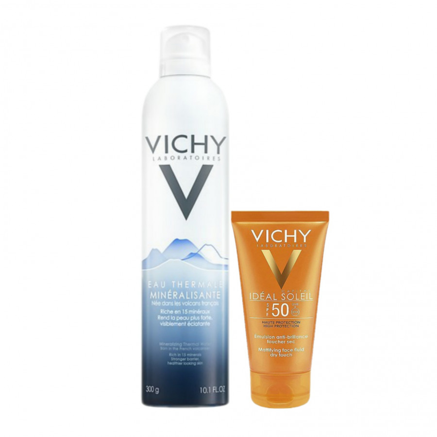 Combo Kem Chống Nắng Không Gây Nhờn Rít Không Màu SPF50 Vichy Capital Soleil SPF50 Face Dry Touch Và Nước Khoáng Dưỡng Da Vichy 300ml