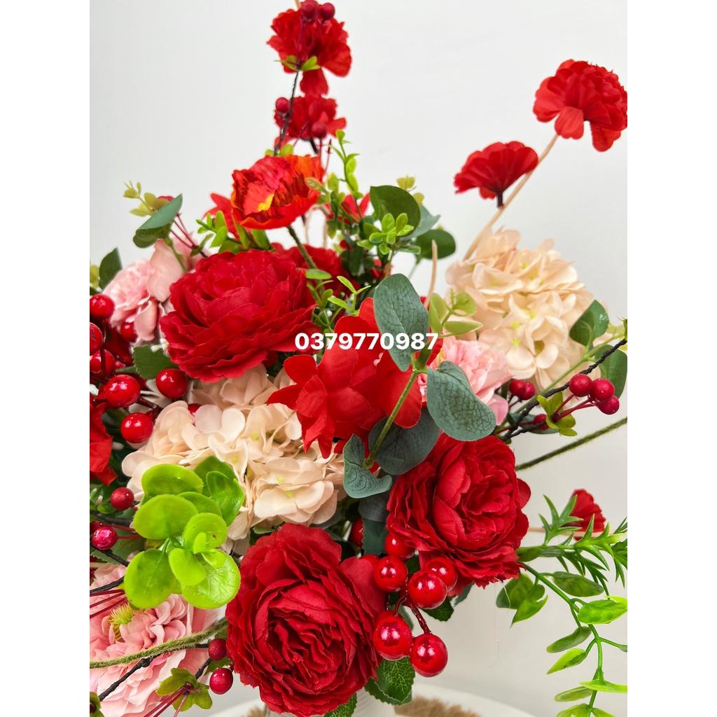 Bình hoa tone đỏ-Hoa lụa cao cấp-Decor nhà xinh