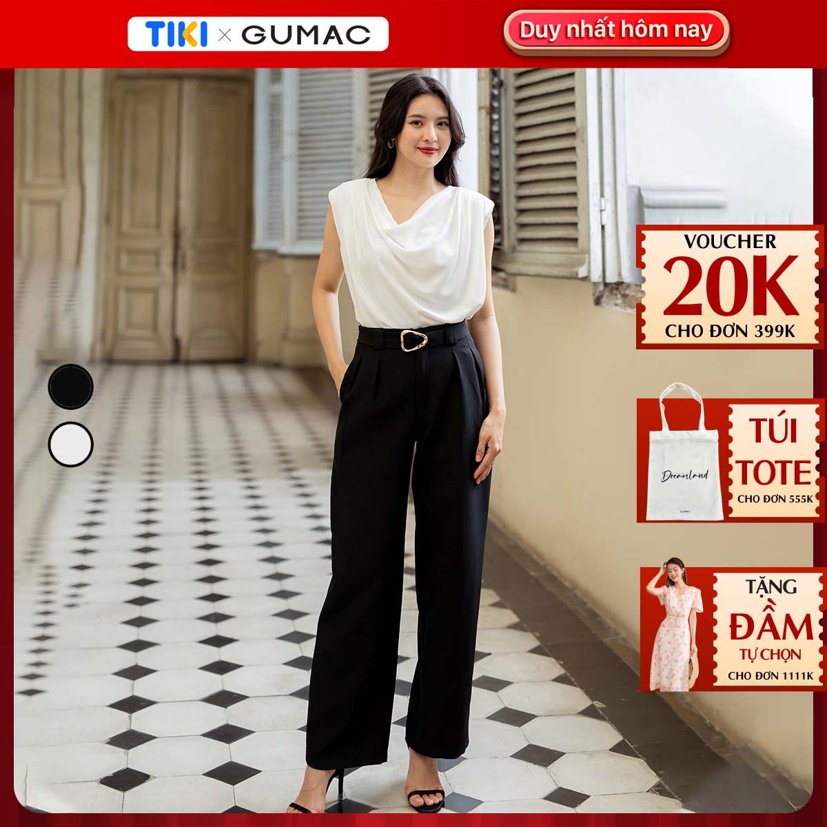 Quần tây nữ ống rộng xếp ly tôn dáng thanh lịch công sở thời trang GUMAC QD07004