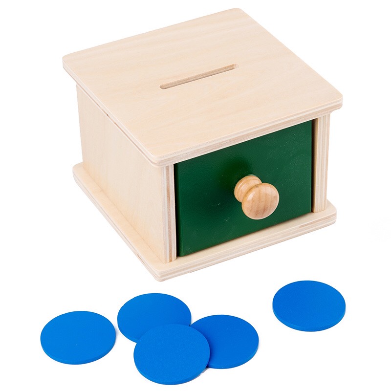 Đồ chơi giáo cụ Montessori cho bé 0-3 tuổi. Hộp Thả Đồng Xu và thả bóng Montessori. Kích thước 12x12cm