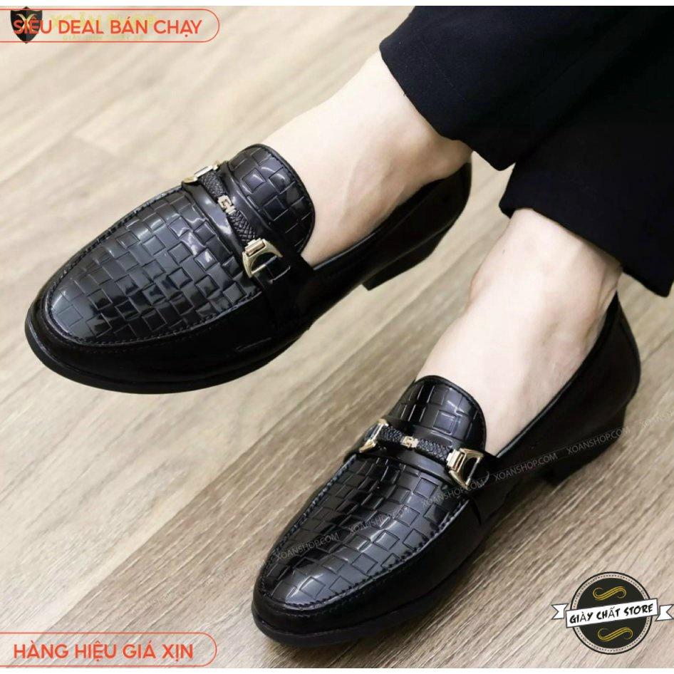 Giày tây nam da bóng khóa kim loại vàng, đế cao khâu đế, size từ 39 đến 43 - Dập gạch bóng