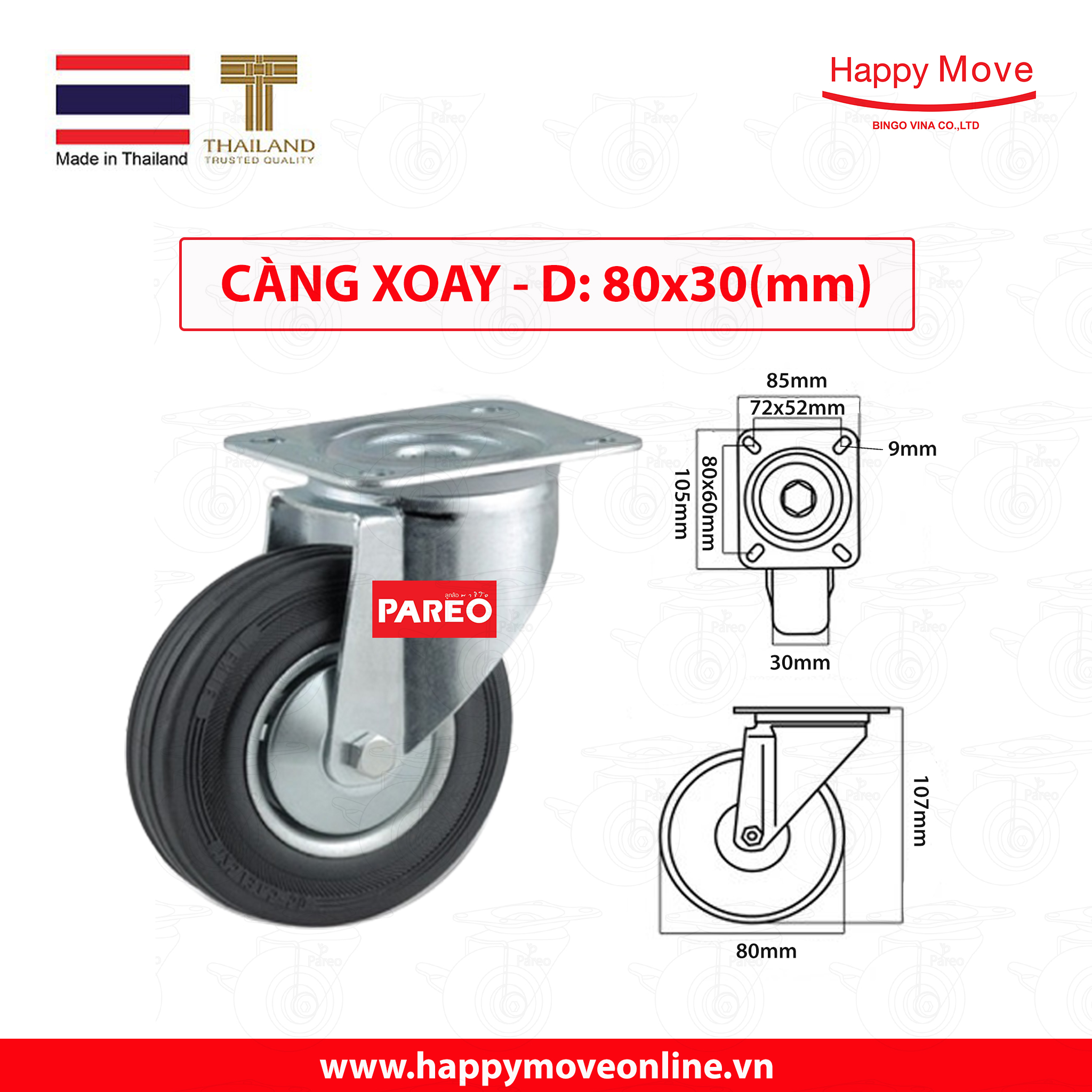 Bánh xe đẩy cao su đen càng xoay 360 độ 80-100mm - Happy Move Thái Lan