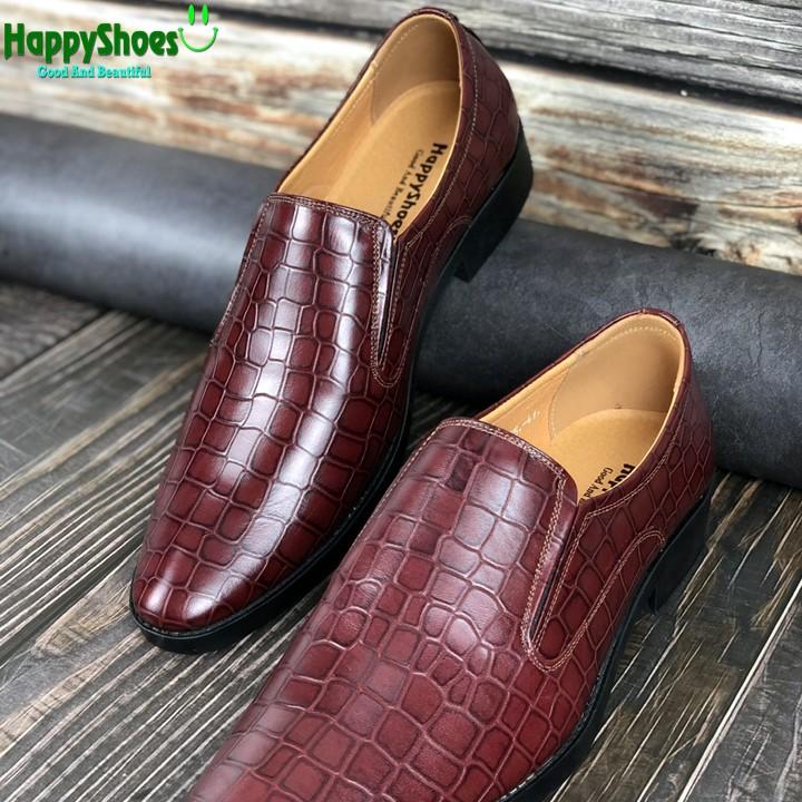 Hình ảnh Giày Lười Nam Công Sở Happyshoes Da Bò Thật Dập Vân Cá Sấu - HS83 nâu đỏ