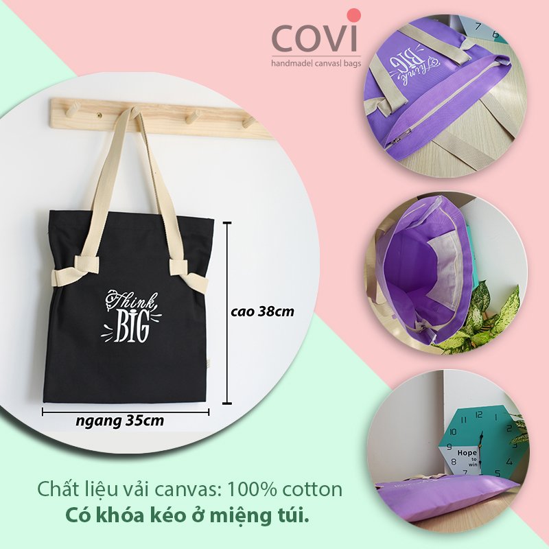 Túi tote vải canvas đựng giấy A4 phom đứng phối dây đai cotton in chữ think big thời trang COVI nhiều màu sắc T17