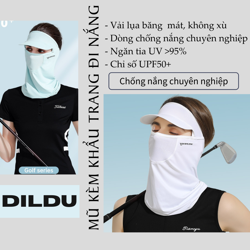 Khẩu trang kèm mũ/ nón kết che nắng lụa băng mát lạnh | Chống tia UV >98% | Chỉ số UPF50+ | Khẩu trang chơi Golf, chạy xe đạp, dã ngoại