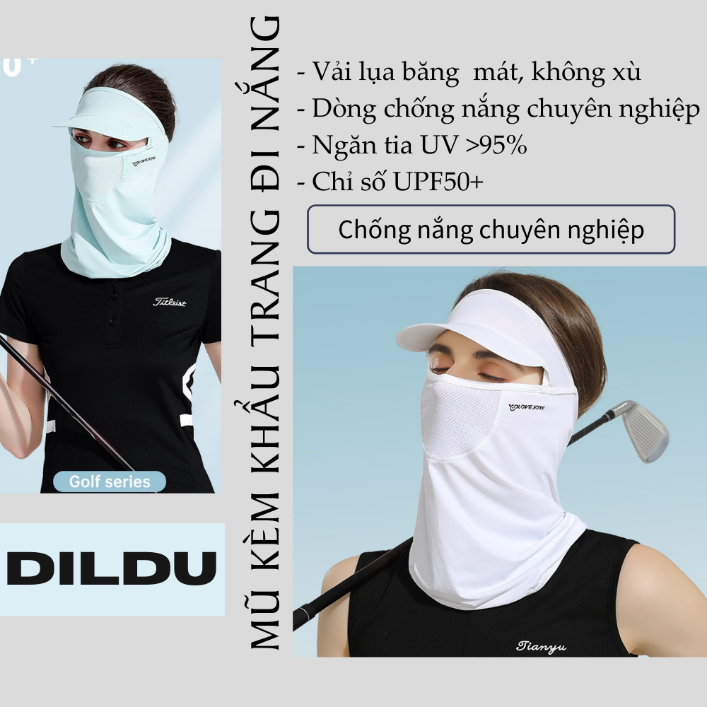 Khẩu trang kèm mũ/ nón kết che nắng lụa băng mát lạnh | Chống tia UV &gt;98% | Chỉ số UPF50+ | Khẩu trang chơi Golf, chạy xe đạp, dã ngoại