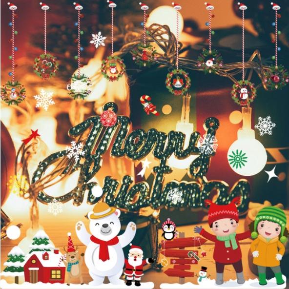 Decal trang trí Noel Hít Tĩnh Điện 2 mặt - 2 BÉ ĐÓN GIÁNG SINH CÙNG GẤU TUYẾT