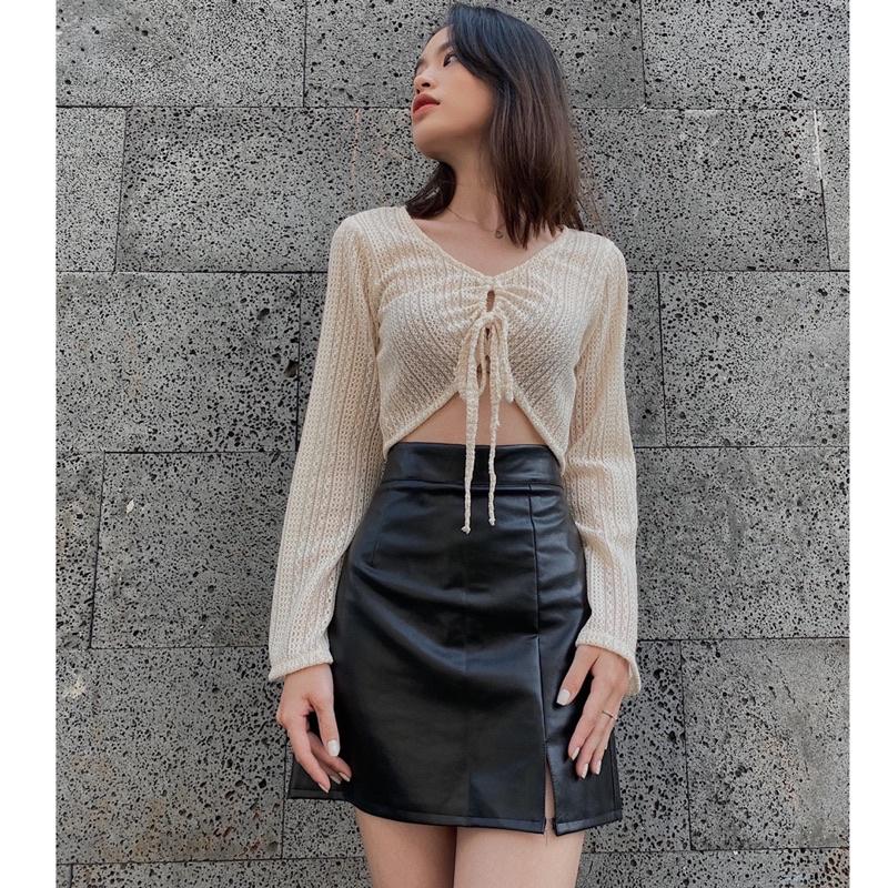 Chân váy da đen chữ A sexy REVERCLOTHINGS S M Leather Skirt